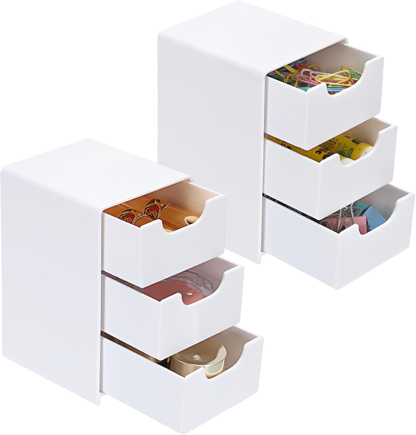 BTSKY 2 Pack Small Acrylic Storage Organizer with Drawers, 3-Layer White Desktop Organizer for Office Supplies Mini Storage Box with Drawers for Desk, Desktop Makeup Drawer Jewelry Storage Box