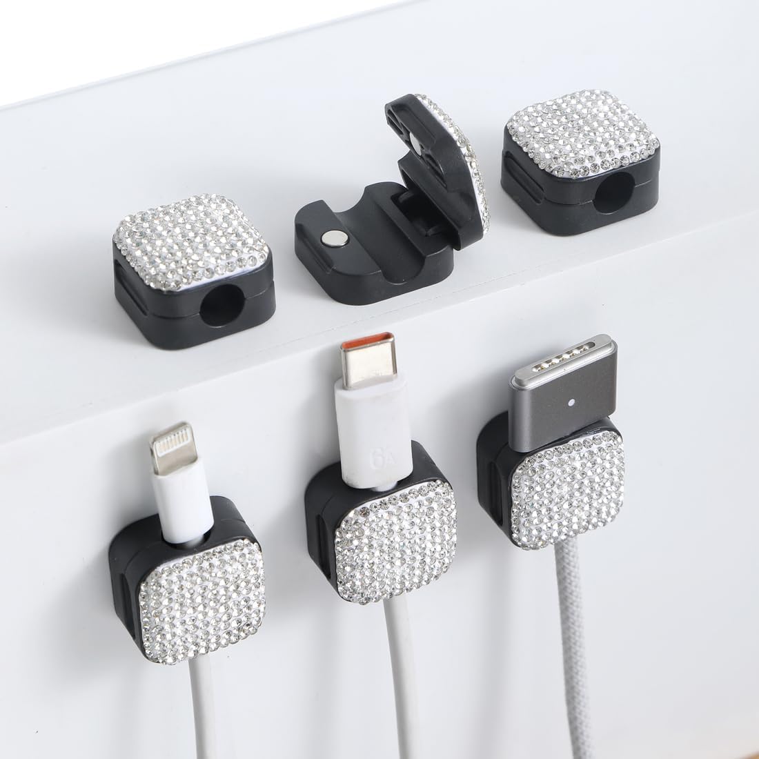 Sparkly Diamond Cord Organizer Holder, 6 Pack Magnetic Desk Cable Clips Management, Hide Phone Charging Cable Keeper, Strong Adhesive Wire Charger Holder for Nightstand, Kitchen Appliances (Pink)