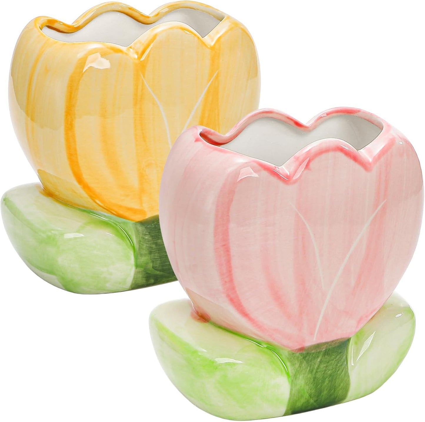 Foraineam 2 Pieces Ceramic Pen and Pencil Holder for Office Tulip Makeup Brush Storage Stand Cute Vase Decor Aesthetic Toothbrush Holder Desktop Organizers for Pencils, Painting Brushes, Art Supplies