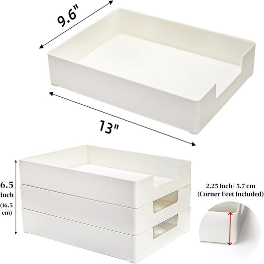 Eorbow 3 Pack Letter Tray, Plastic Stackable A4 Paper Trays, Rectangular Desk Drawer Organizer, File Holder for Desktop, Office Supplies Storage, White