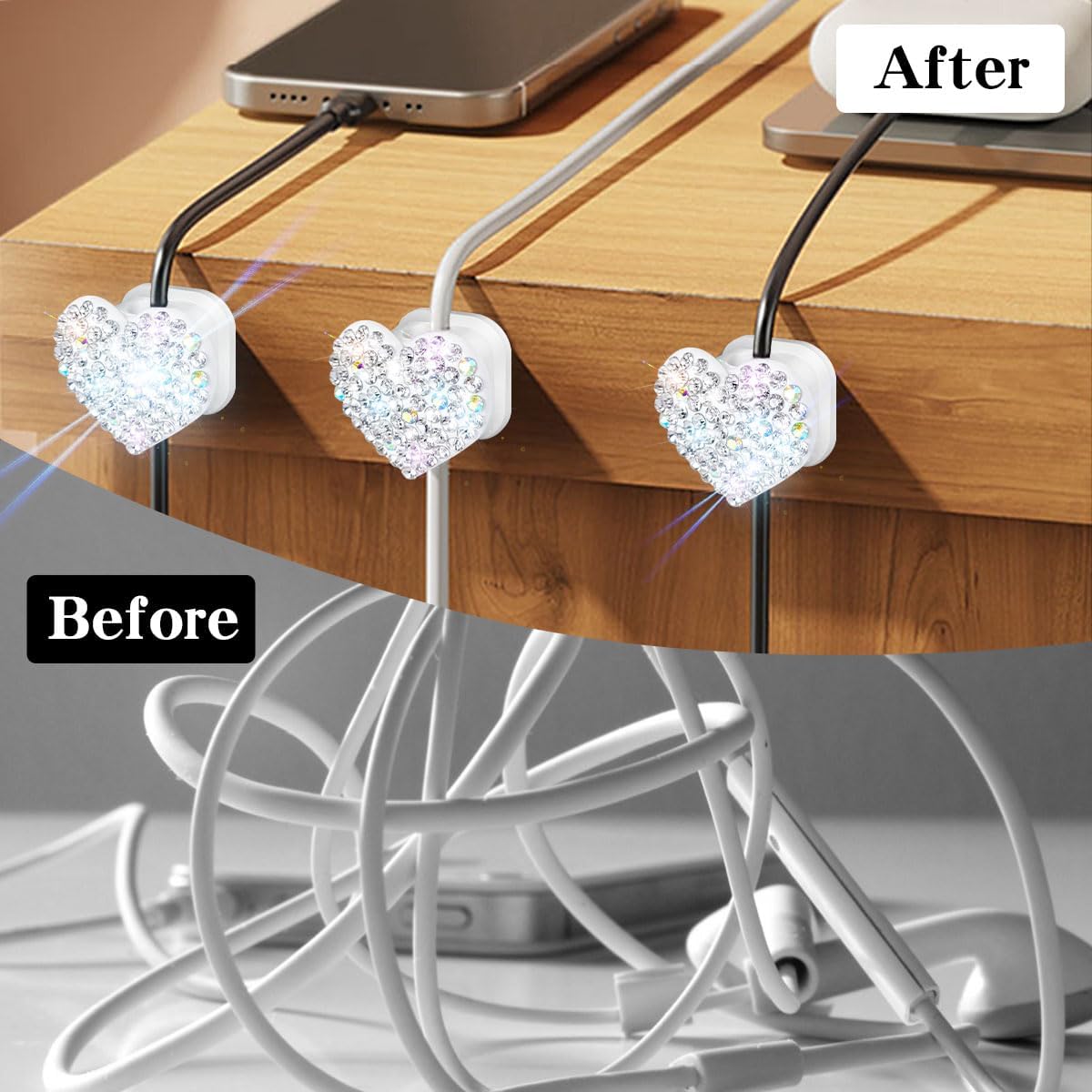 Bling Cord Organizer Holder,Heart Shape Magnetic Cable Clips with Strong Adhesive,Desk Cable Holder & Phone Charging Cords Wire Management for Home,Office,Car,Nightstand (Pink 4 Pack)