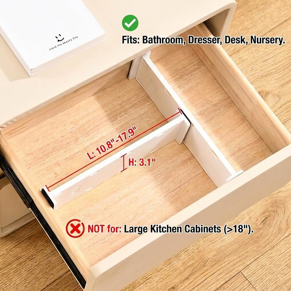 6-Pack Adjustable Drawer Dividers (10.8"-17.9"), 3.1" High Expandable Organizers for Baby Nursery, Bathroom Vanity, Desk & Junk Drawers - Non-Slip Locked Separation