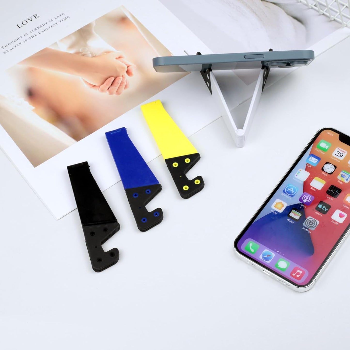 Portable Mobile Phone Stand for Desk, Foldable Pocket Travel Holder, Universal V Smartphone Kickstand Mount Compatible with iPhone, iPads, Kindle, Android, Pack of 4
