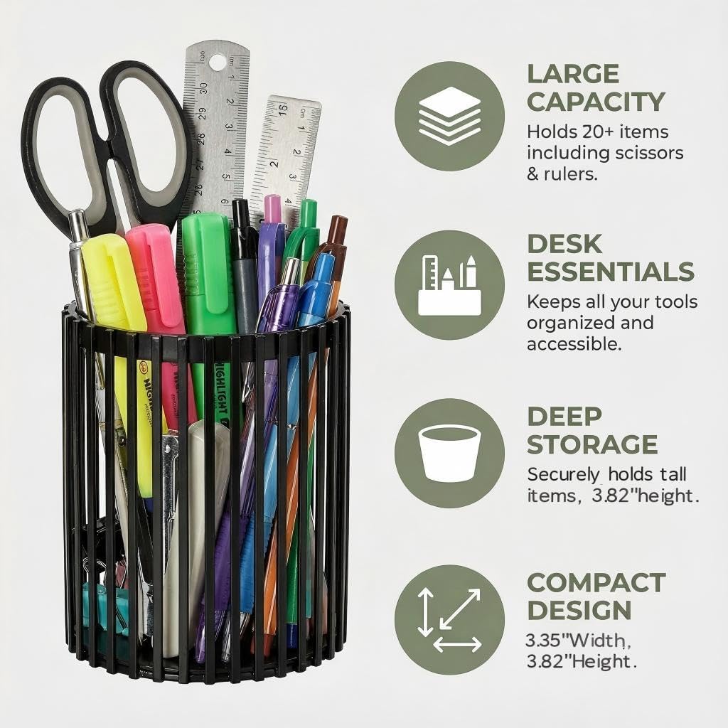 Black Pen Holder for Desk, Metal Pen Caddy Pencil Cup, Cute Makeup Brushes Cup, Desktop Makeup Brush Holder, Metal Desk Organizers and Accessories, Office Accessories Aesthetic