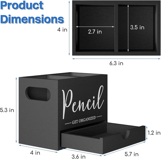 Pen Holder for Desk, Wood Pencil Organizer with Drawer, Marker Holder with 2 Compartments, Pencil Cup for Home, Office, Classroom, Teacher Supplies (White)