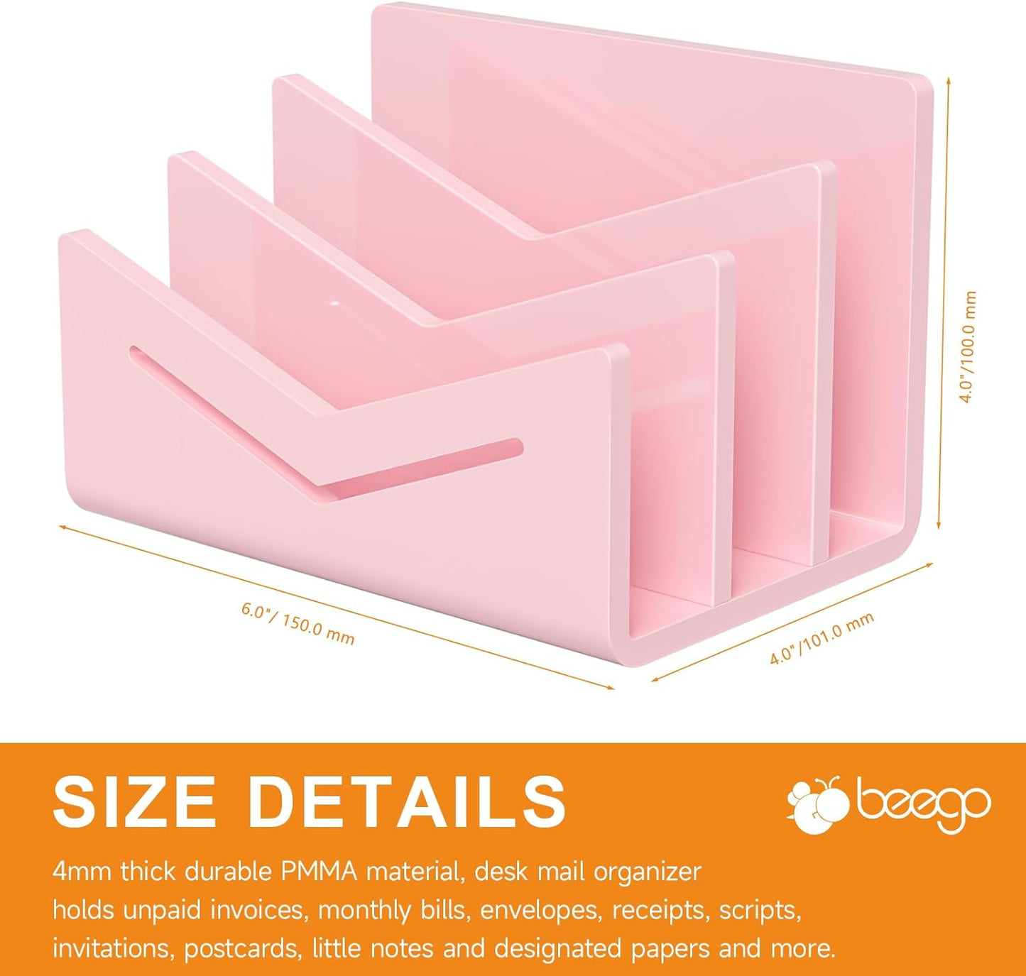 Beego Envelope and Mail Organizer Countertop - Clear Acrylic Desk Organizer Letter Holder Desktop File Sorter Bill Document Folder Rack for Office, Home, School Desk Organization