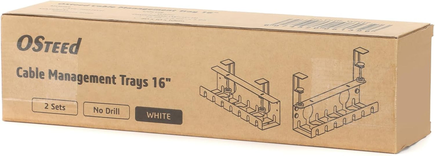 Under Desk Cable Management Tray 2 Pack White, Cable Management Under Table, Cord Organizer Tray for Wire Management, Home & Office Standing Desk Cord Organizer