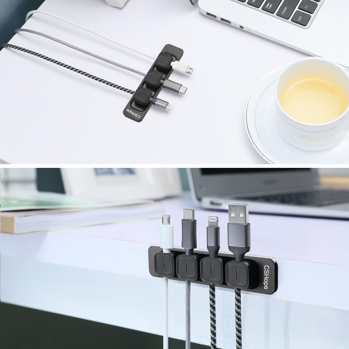 Magnetic Cable Organizer, Desktop Cable Holder Multipurpose with 8 Clips, Magnetic Cable Clips Organizer, Cord Management for All Wires (2 Pack, Black and White)
