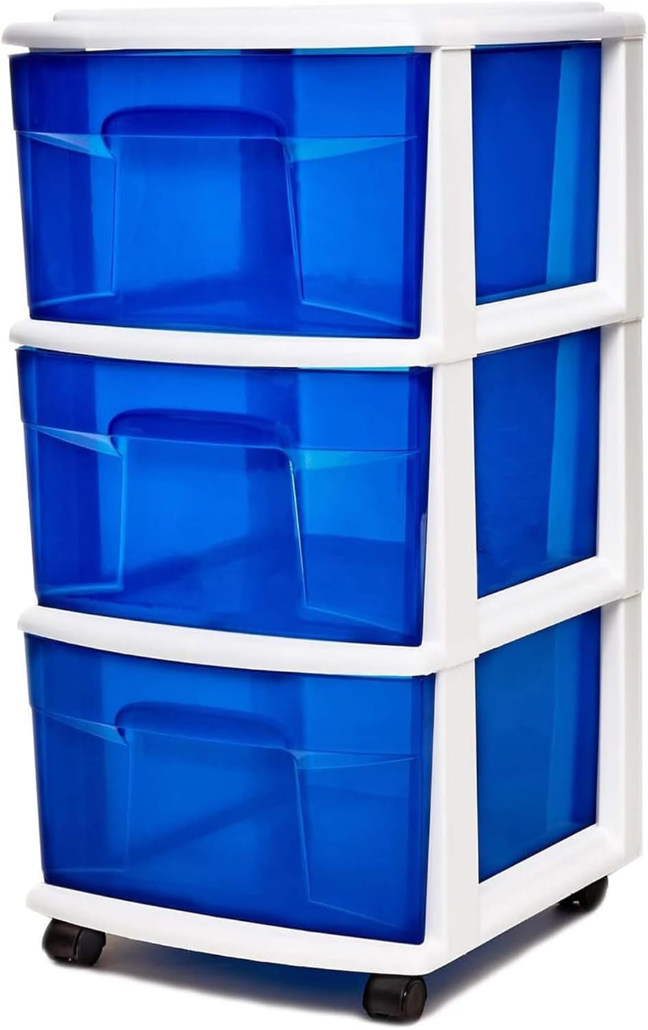 HOMZ Drawer Tower, 3-Tier Rolling Storage Cart with Removable Wheels, White Frame – Plastic Organizer with Clear Bin Drawers for Bedroom, Bathroom, Home Office, and Dorm Room