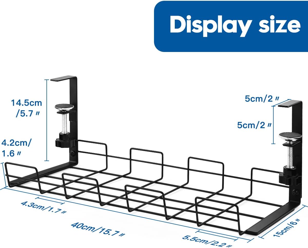 NoDrill 2 Pack 15.7" Under Desk Cable Management Tray, Sturdy Metal Cord Organizer for Office & Home Standing Desk