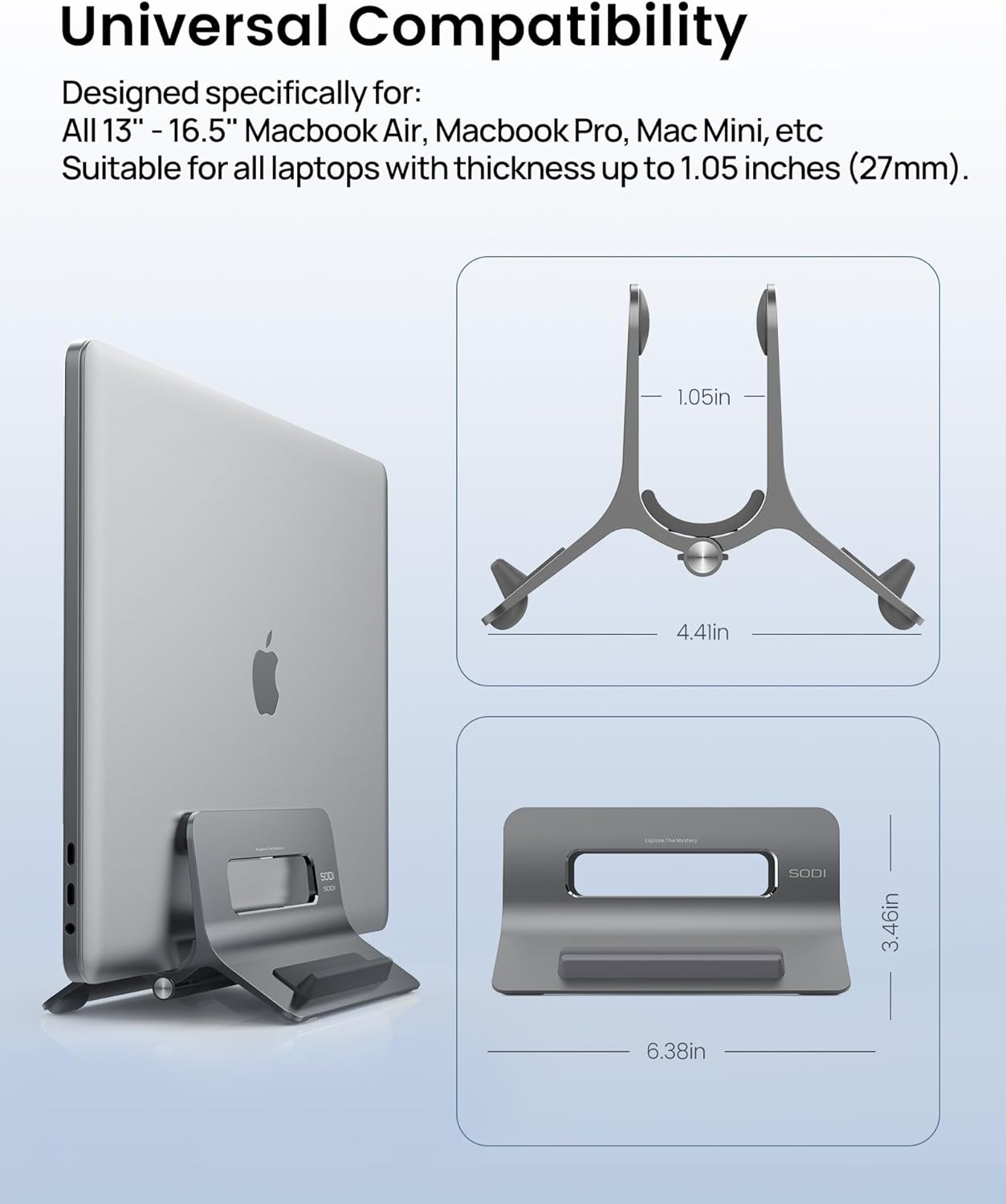 SODI Vertical Laptop Stand for Desk, Gravity Auto Lock MacBook Stand, Aluminum Laptop Holder Vertical Compatible with MacBook Pro, Air, Tablet, Space-Saving Organize Work & Home Office, Gray