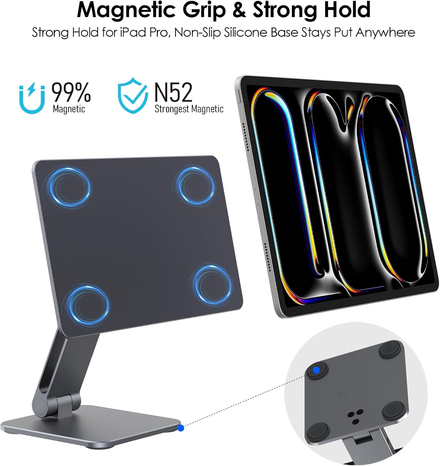 YICOSUN Magnetic iPad Stand for Desk, 360° Adjustable Aluminum Holder, Portable Folding for Office, Kitchen, Drawing, Gaming, Compatible with iPad Air13 M3/M2, iPad Pro12.9 6th/5th/4th/3rd - Gray