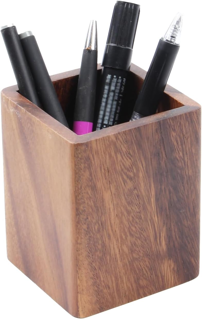 Walnut Wooden Pencil Holder Cup for Desk Natural Wood Pen Holder Stand for Office Home (Square)
