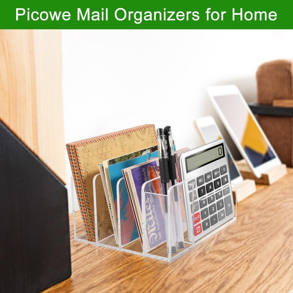 Picowe Acrylic Mail Organizer, 3-Tier Desktop File Holder for Letters, Envelopes, Bills, Paper, Desk Organizer Vertical Letter Sorter for Office and Home