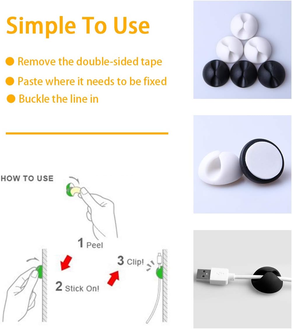 LOMILY Cable Clips Organizer - Desktop Cable Holder, Cord Clips for Computer, Office, Nightstand, Table, Cubicle (3 Black + 3 White)