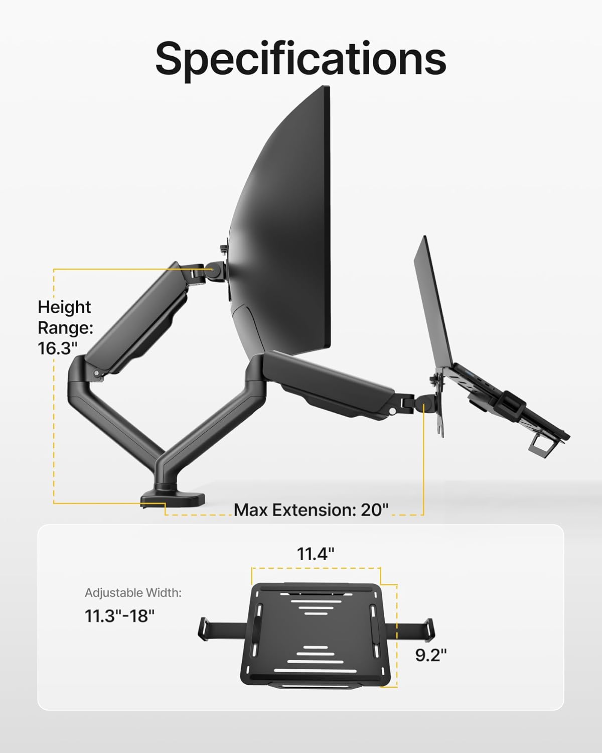 monTEK Laptop Arm Mount for Desk, 2-in-1 Monitor & Laptop Stand with Adjustable Laptop Tray, Fits Max 18" Notebook and 32" Screen, Aluminum Single Monitor Holder with VESA 75/100, Clamp/Grommet, Black