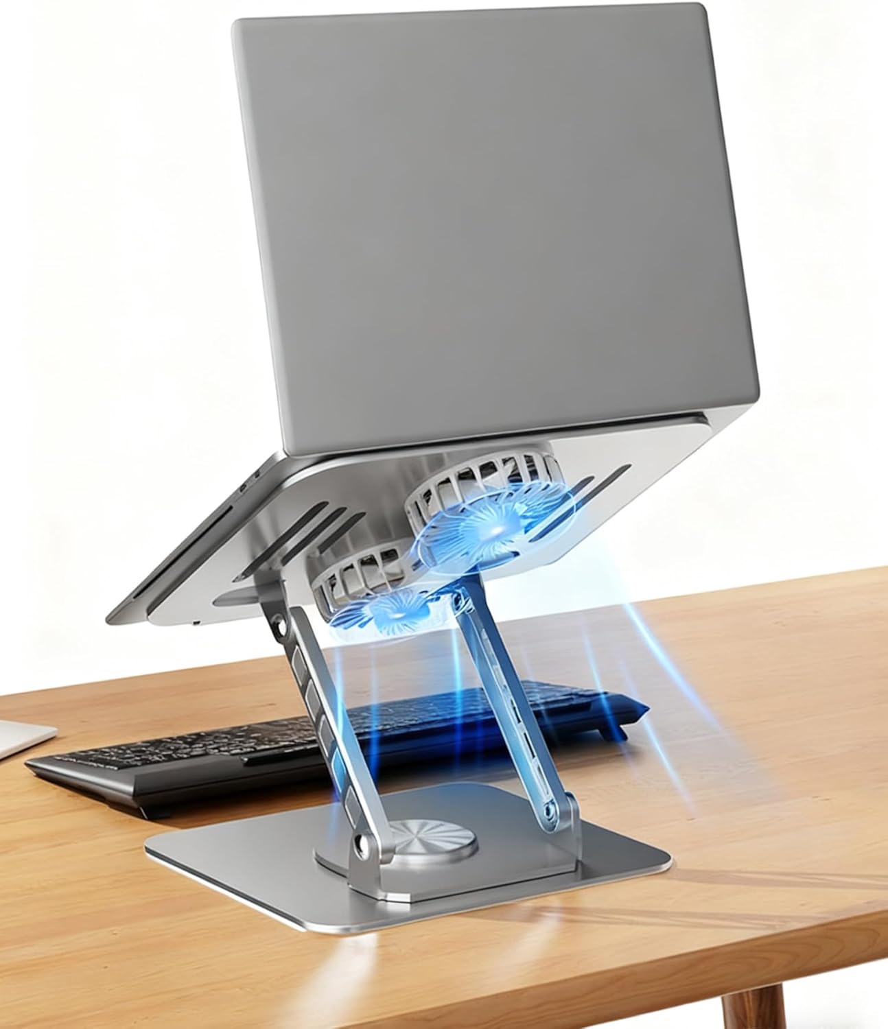Selbst Laptop Stand for Desk with Quiet Cooling Fans - 360 Rotating Base Ergonomic Computer Stand, Aluminum Laptop Riser Foldable Protable for Office Home fits MacBook Air Pro, Dell, HP (10-17.3'')