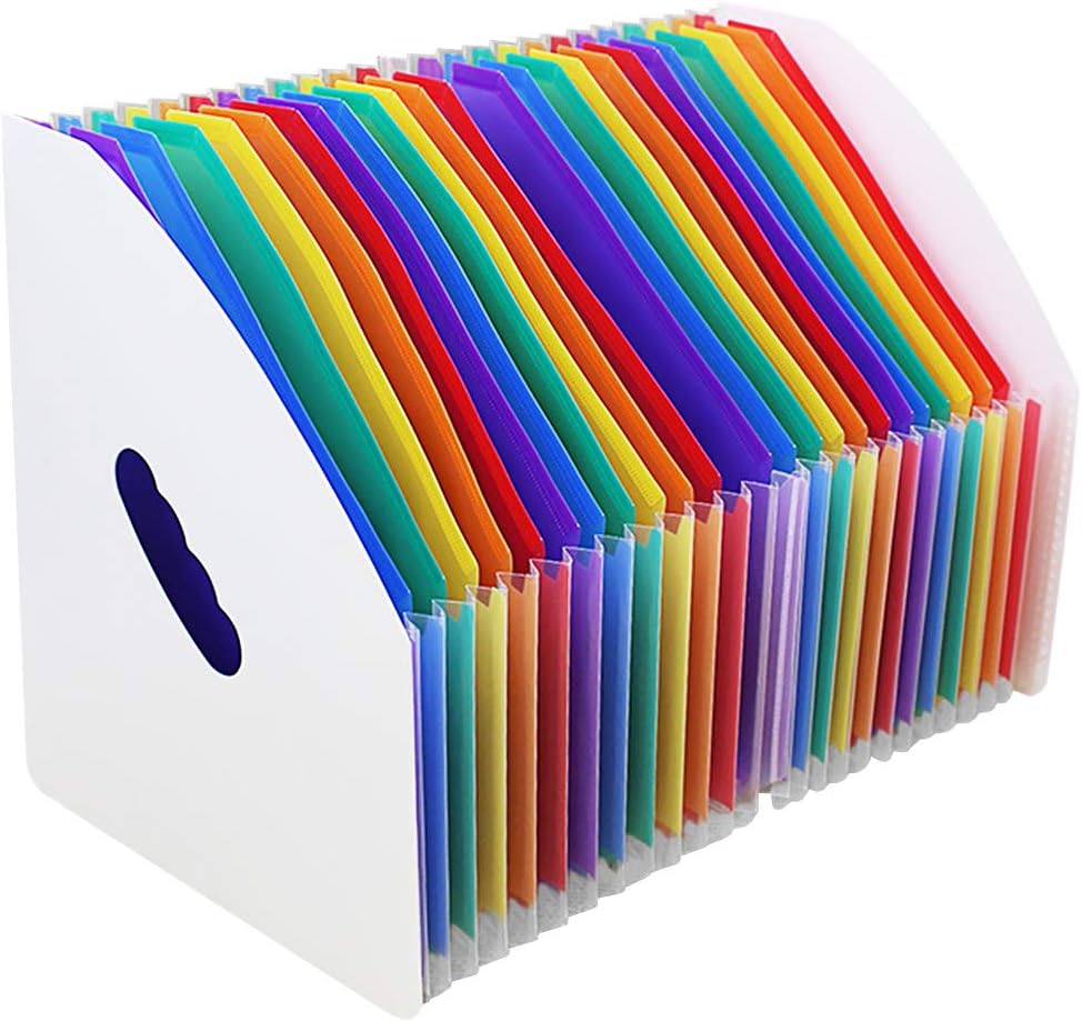 SAYEEC Rainbow Expanding File Holder Standing A4 Vertical Mini Book Organizer Magazine Basket Desktop 13 Pockets Files Folder with Handle for Students Examination Paper Bills Office Study