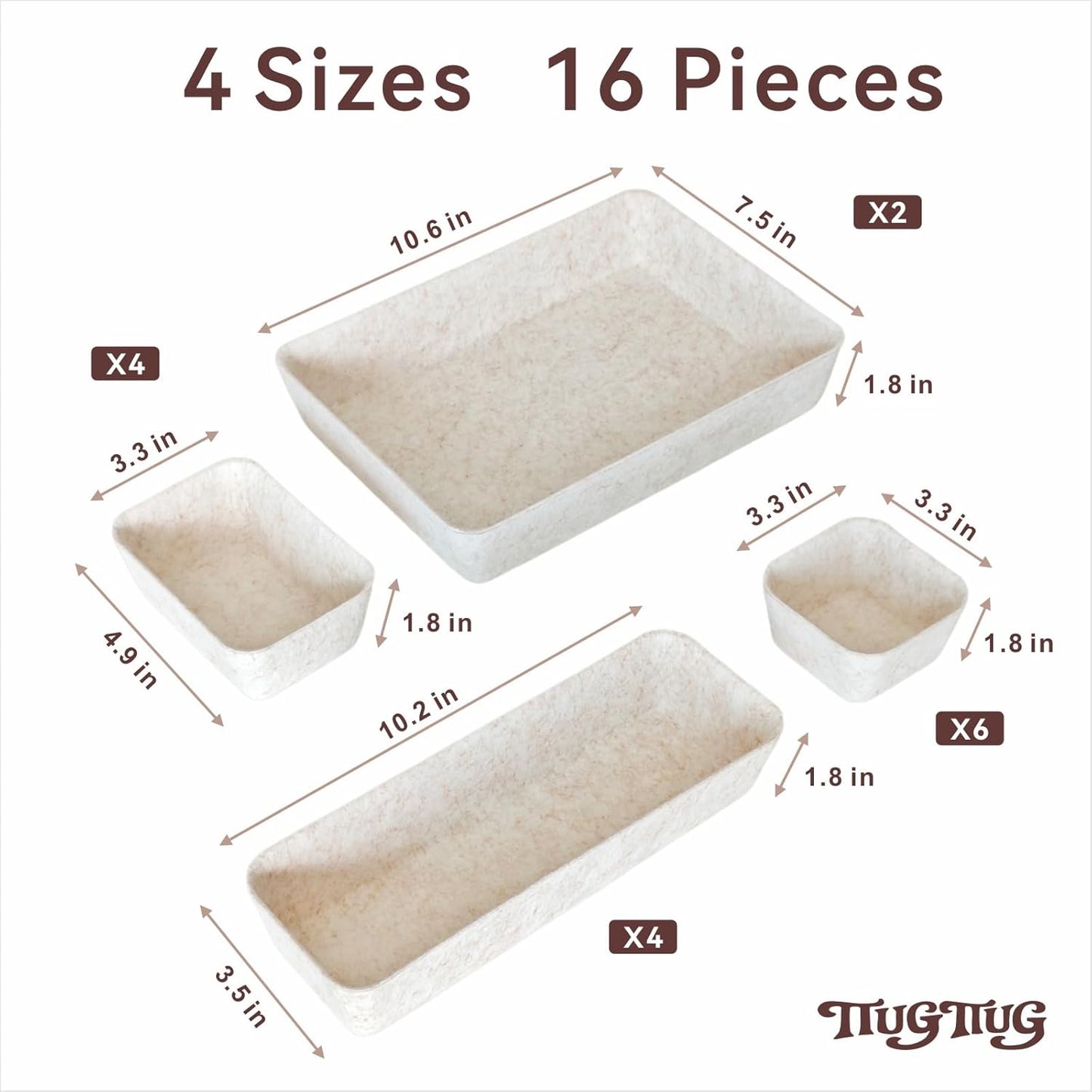 16-Piece Felt Drawer Organizer Set in 4-Sizes, Made from Eco-Friendly Material for Vanity, Makeup, Desk, Office, Kitchen, and Nightstand, Oatmeal