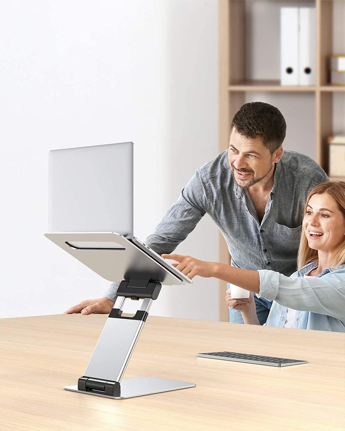 Nulaxy Height Adjustable Laptop Stand for Desk, Dual Foldable Aluminum Computer Riser, Pull Out Design Ergonomic Sit to Notebook Holder Convertor, Compatible with All 10-17" Laptops, Tablets, Gray
