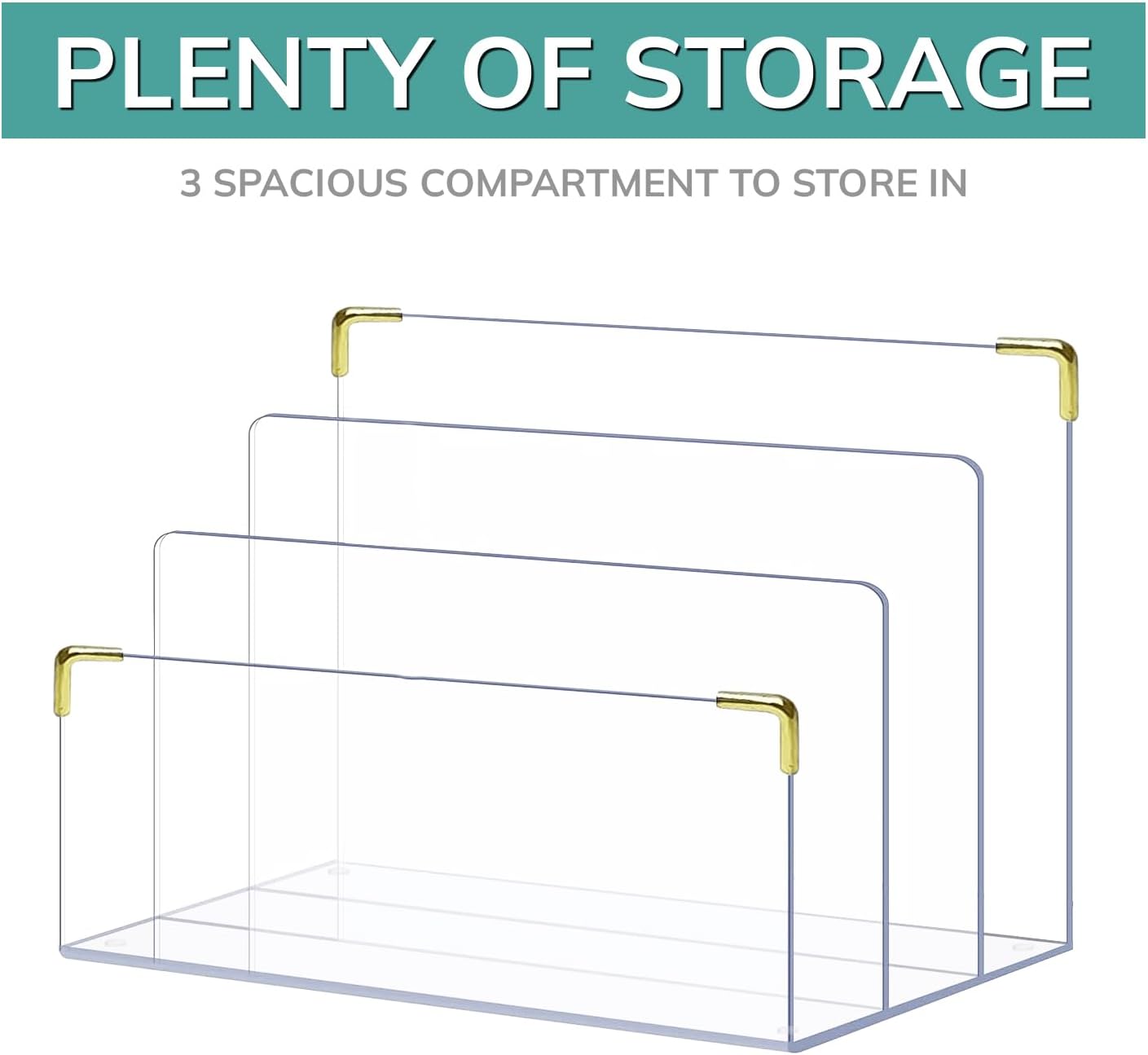 pbf Acrylic File Holder | Clear Acrylic Desk Organizer with Gold Accents | 3-Level Folder Holder, Mail Sorter, & Laptop Stand