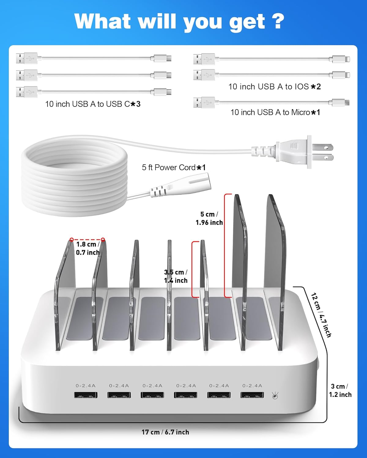 MSTJRY Charging Station for Multiple Devices : 6 Port USB Charger Stations - Family Multi-Device Organizer Charging Dock - Designed for iPhone iPad Android Cell Phone Tablet and Electronic, Black