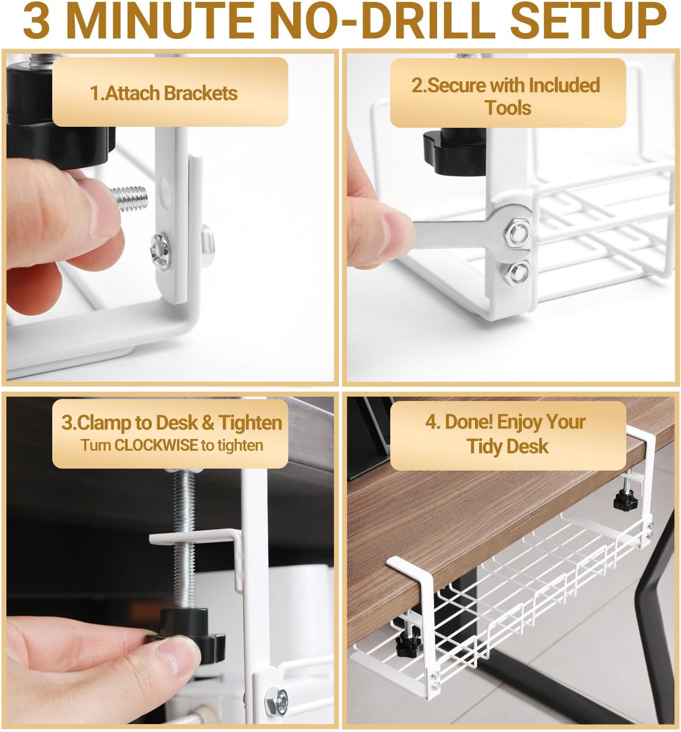 Under Desk Cable Management Tray, 15.7'' Metal Wire Organizer with Clamp, No Drill Desk Cord Rack for Cable Management, Computer Wire Organizer for Office and Home, Sturdy & Scratch-Free