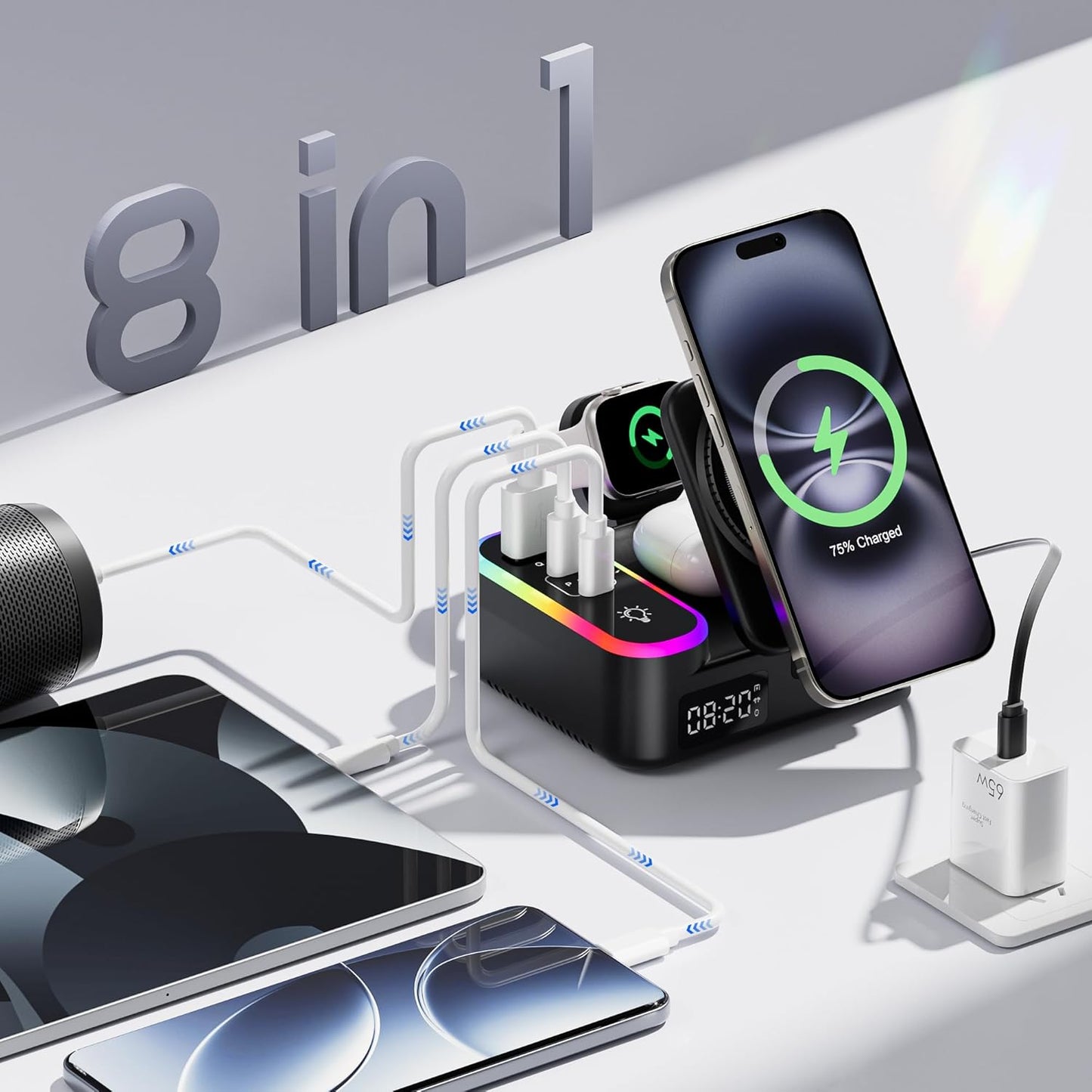 65W 8-in-1 Charging Station, 15W Magnetic Wireless Charger with Retractable Cable, 30W USB C Fast Charging Stand for iPad, Multiple Devices for iPhone 17 16 15 14 13 12 Pro Max Apple Watch Airpods
