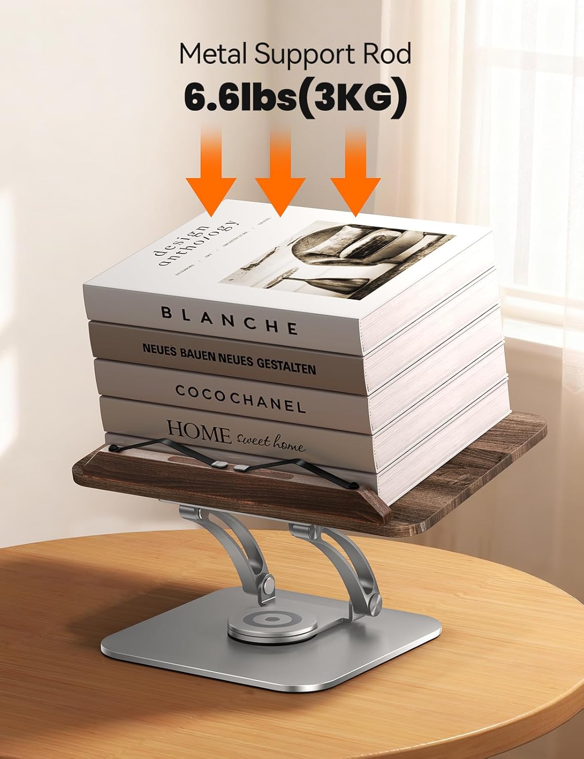 Tounee Book Stand for Reading, Adjustable Book Holder with 360° Swivel Base, Foldable Cookbook Stand Recipe Book Holder with Elastic Page Clips for Music Scores, Recipe, Tablet, Laptop-Gray