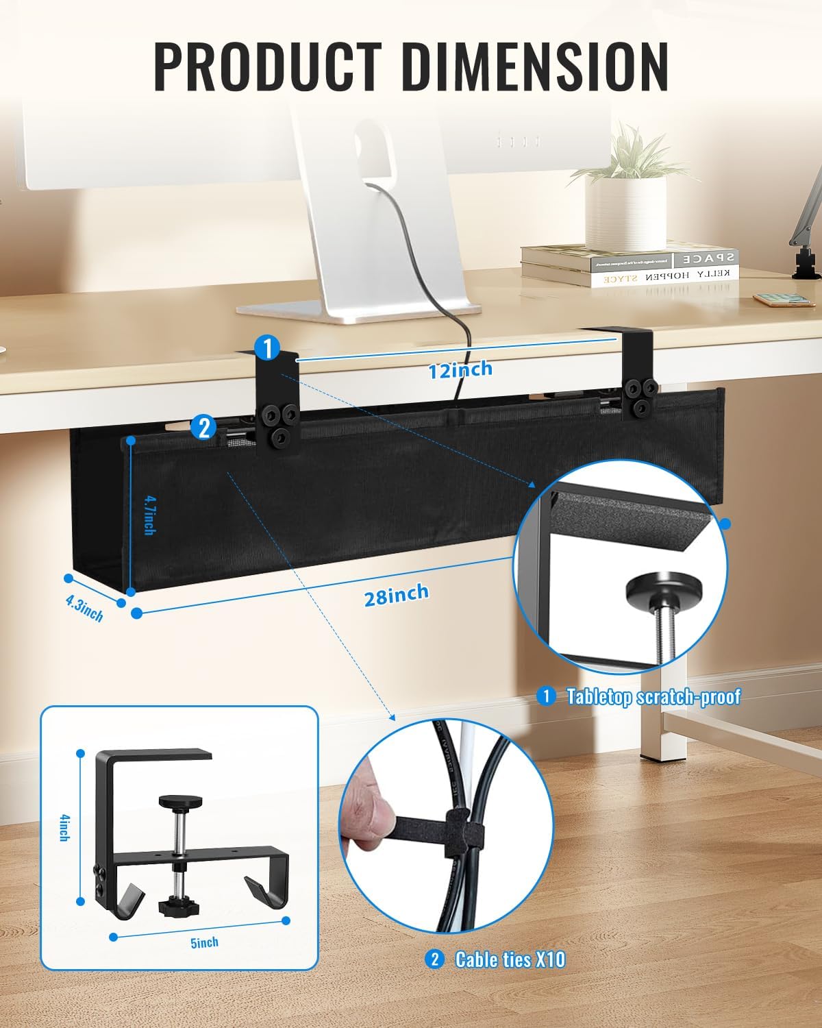 No Drill Cable Management Under Desk, 36" Cord Organizer for Table, Clamp/Screw Mount Cable Tray, Premium Black Fabric Desk Cord Management Tray for Office, Home (Large (36 Inch))