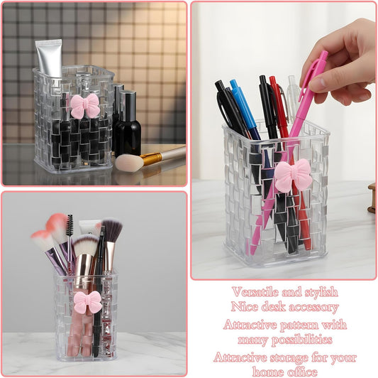 Acrylic Pen Holder for Desk, Cute Clear Makeup Brush Holders with Woven Texture and Bow, Transparent Pencil Organizer for Office Home School Cosmetic, Back To School Gift for Teachers Classmate
