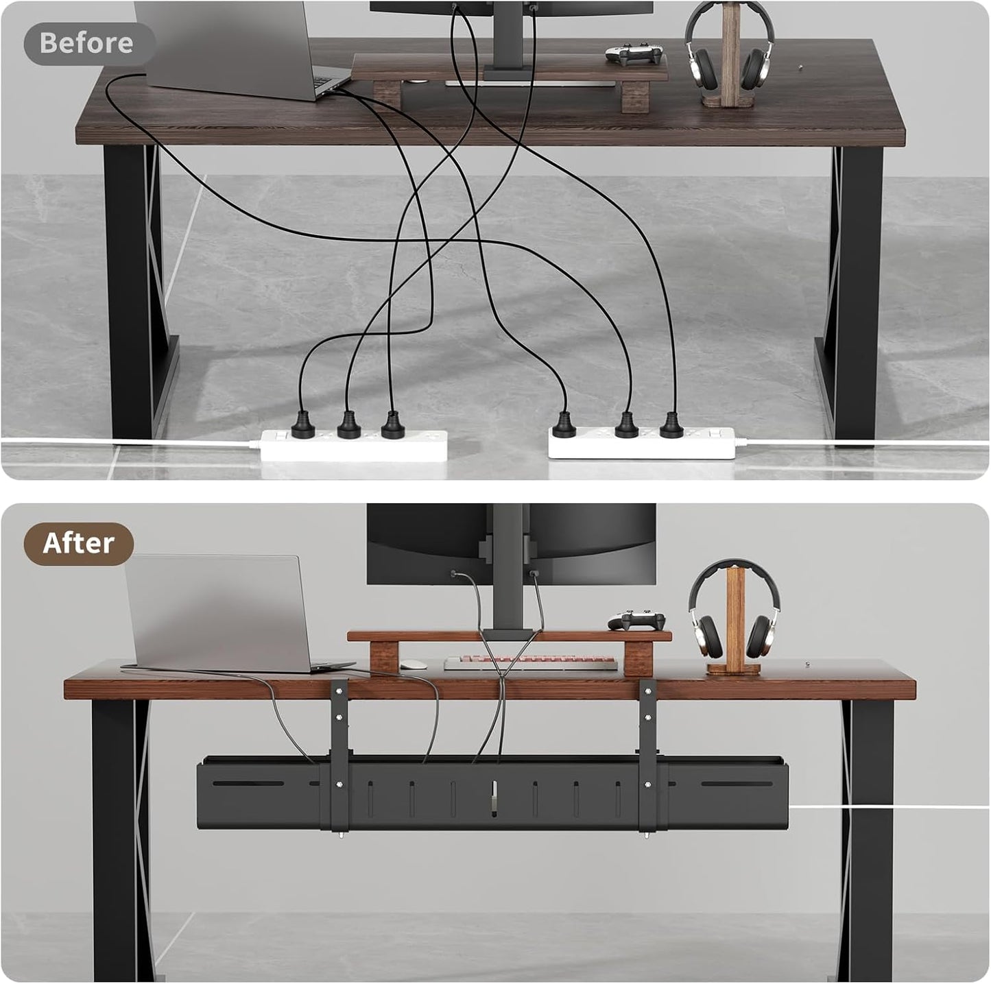 Under Desk Cable Management Tray, Expandable 25.2"–38.6" Heavy Duty Carbon Steel with Clamp, Hidden Cord Organizer for Desk, Home Office & Standing Desk, No Drill Installation, Black