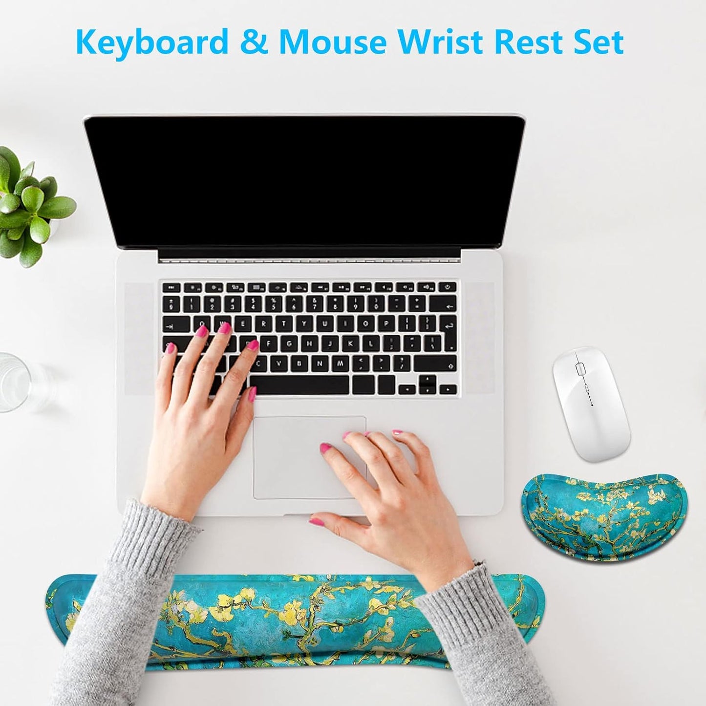 Dapesuom Enlarge Keyboard Wrist Rest, Memory Foam Wrist Cushion for Desk Mats Support, Cute Pain Relief Keyboard Mouse Pad Rests Set with Non-Slip Base for Gaming Laptop Office Computer, Green Leaf