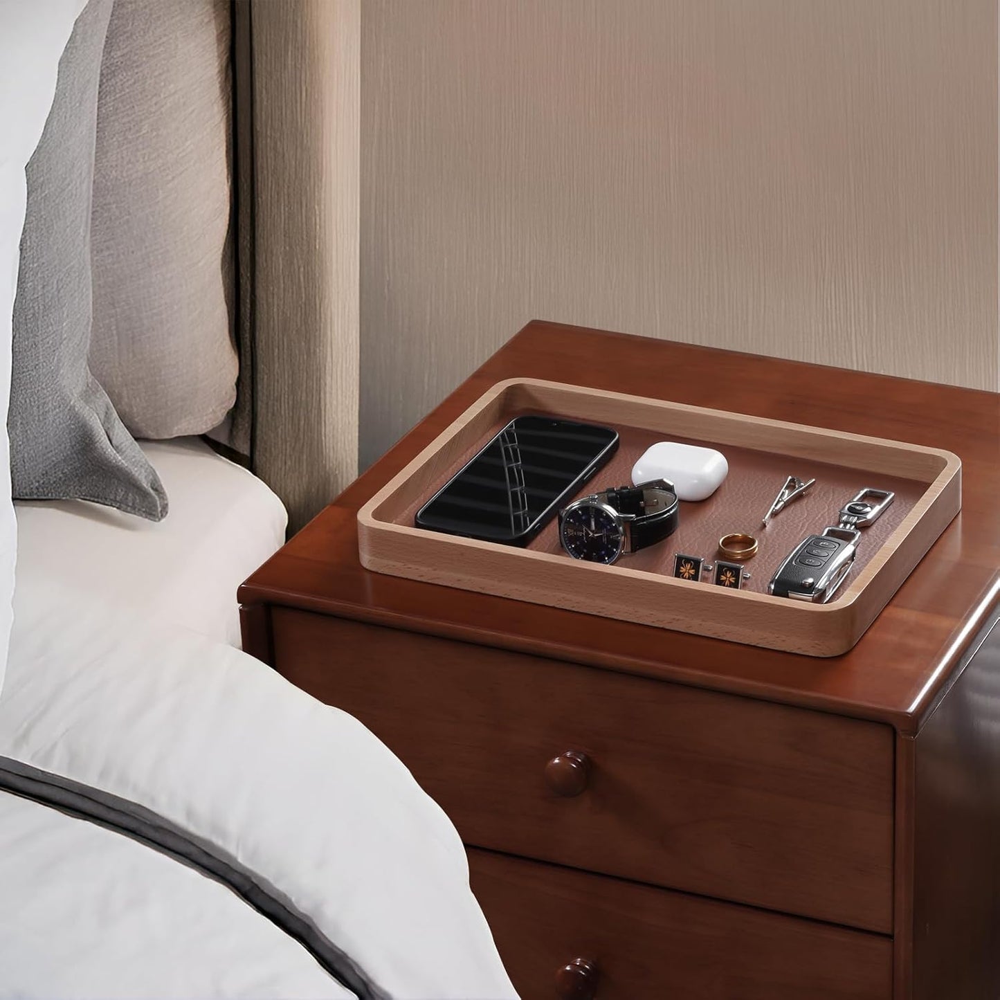 ProCase Wooden Valet Tray for Men, Wood Catch-All EDC Organizer, Nightstand, Entryway Bedside Dump Holder, for Wallets, Keys, Watches, Phones, Loose Change, Trinkets -DarkBrown