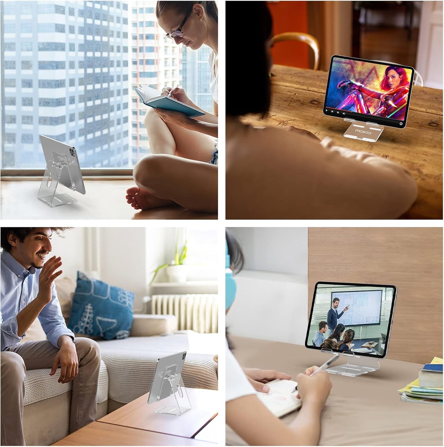 MoKo Acrylic Tablet Stand, Adjustable Angle Phone Stand for Desk, Fit with iPhone 17/17 Air/17 Pro/17 Pro Max, iPhone 16/Pro/Pro Max/Plus, iPhone 15/Pro/Pro Max/Plus, iPhone 14/Pro/Pro Max/Plus, Clear
