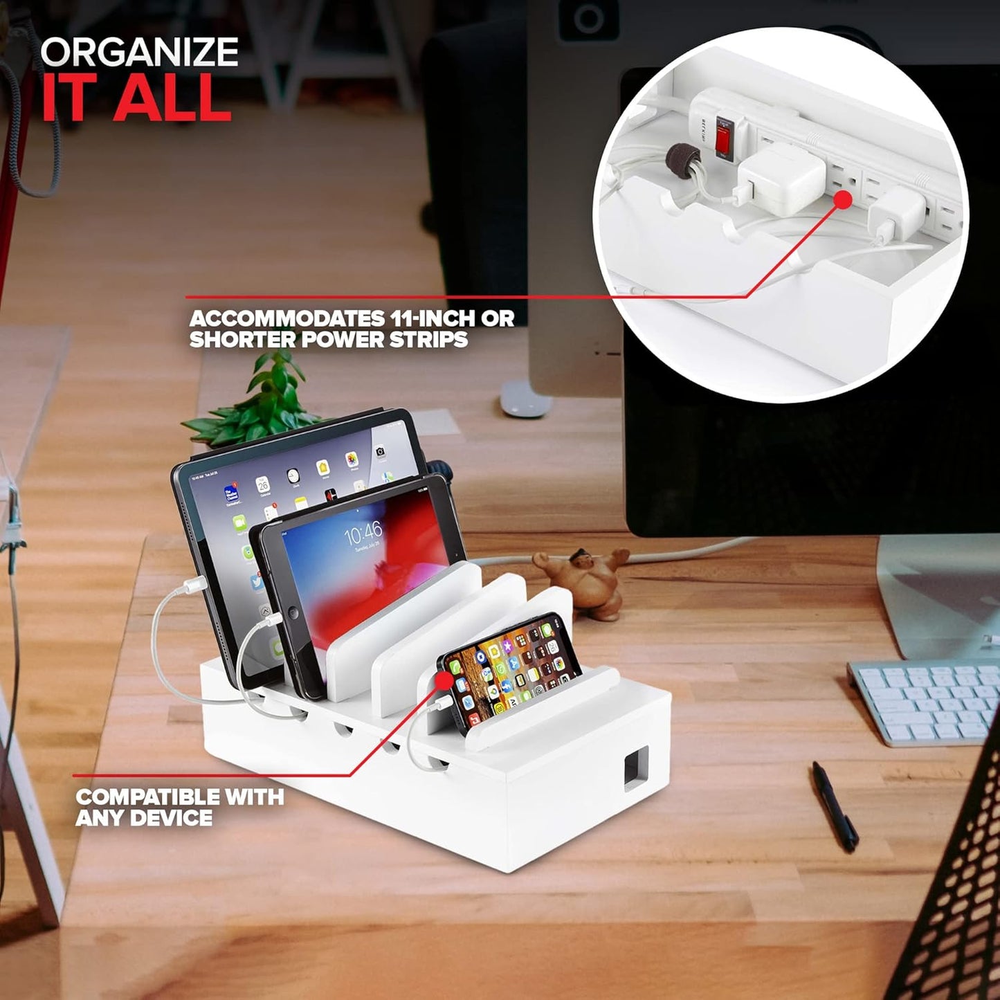 Modern Innovations Bamboo Charging Station for Multiple Devices (White) Wood Device Organizer, Desk Docking Stand for Cell-Phone Charger, Compatible with Apple, Android, iPad, iPhone, Tablet, Laptop
