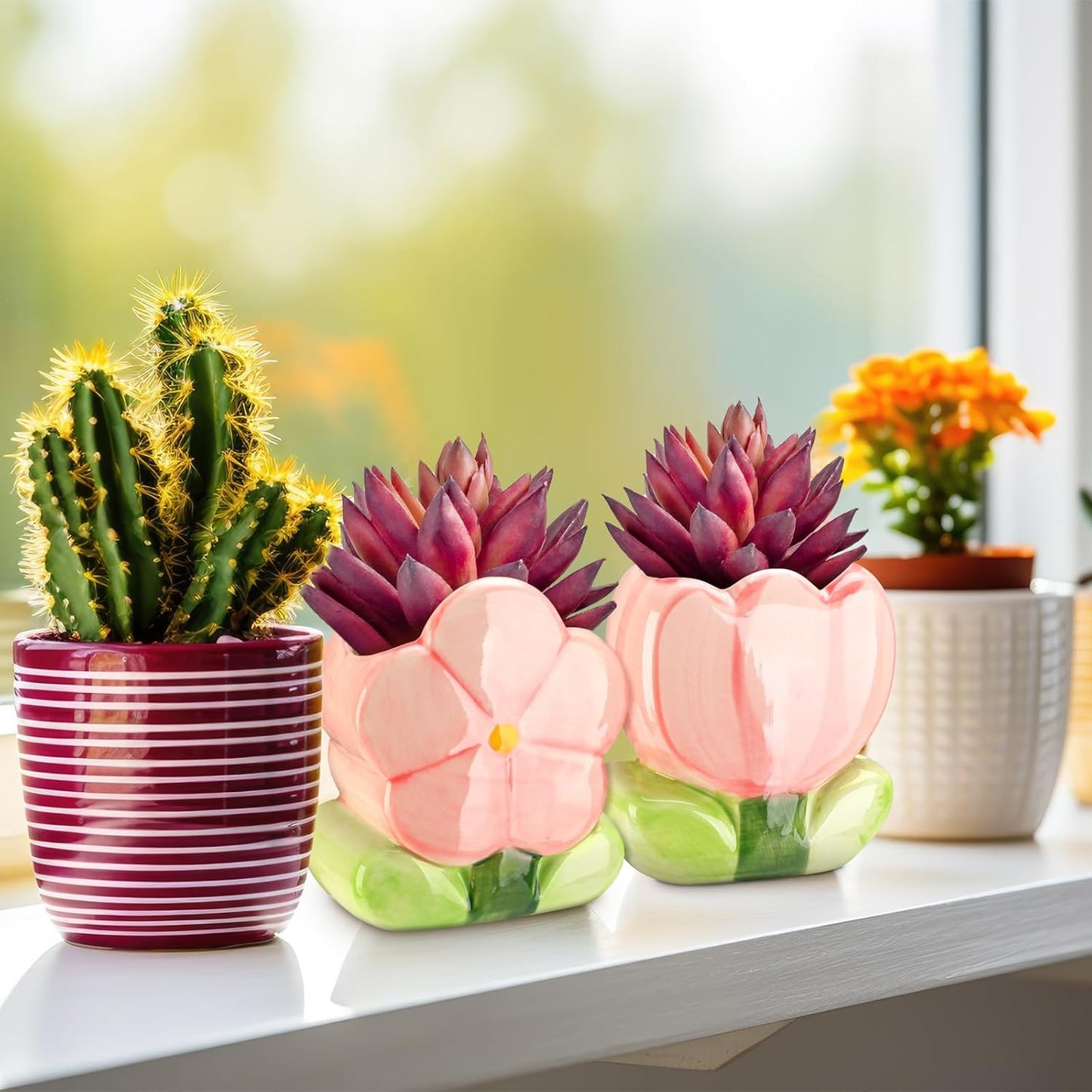 2 Pcs Pink Flower Ceramic Pen Holder Cute Tulip Pencil Holder Aesthetic Flower Makeup Brush Vase Decorative Desktop Organizer Birthday Gift for Women Office Home Wedding Party Decor