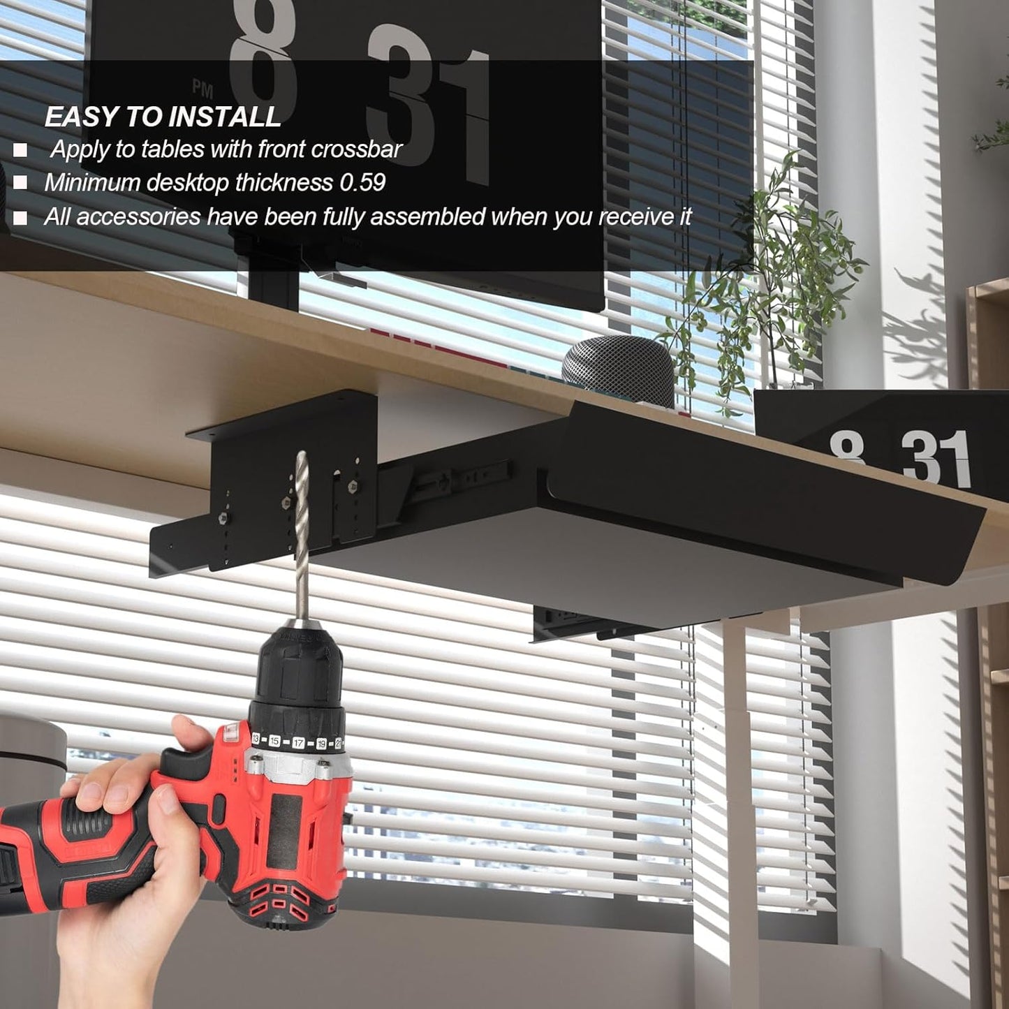 Under Desk Mounted Sliding Pull-Out Drawer Height Adjustable Apply to Tables with Front Crossbar,Adjustable Clearance Up to 3.5",Compatible with Most Stand Up Workstation