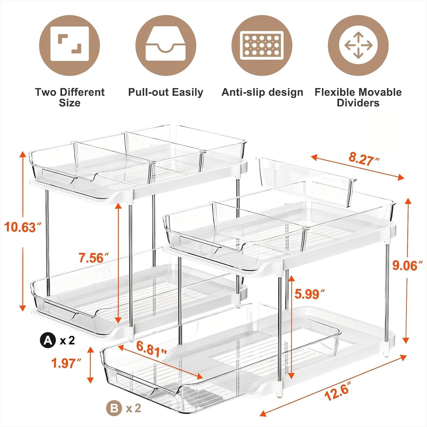 Delamu 2-Tier Multi-Purpose Bathroom Under Sink Organizers and Storage, Stackable Kitchen Pantry Organization, Pull Out Medicine Cabinet Organizer with Movable Dividers, White, 2 Pack