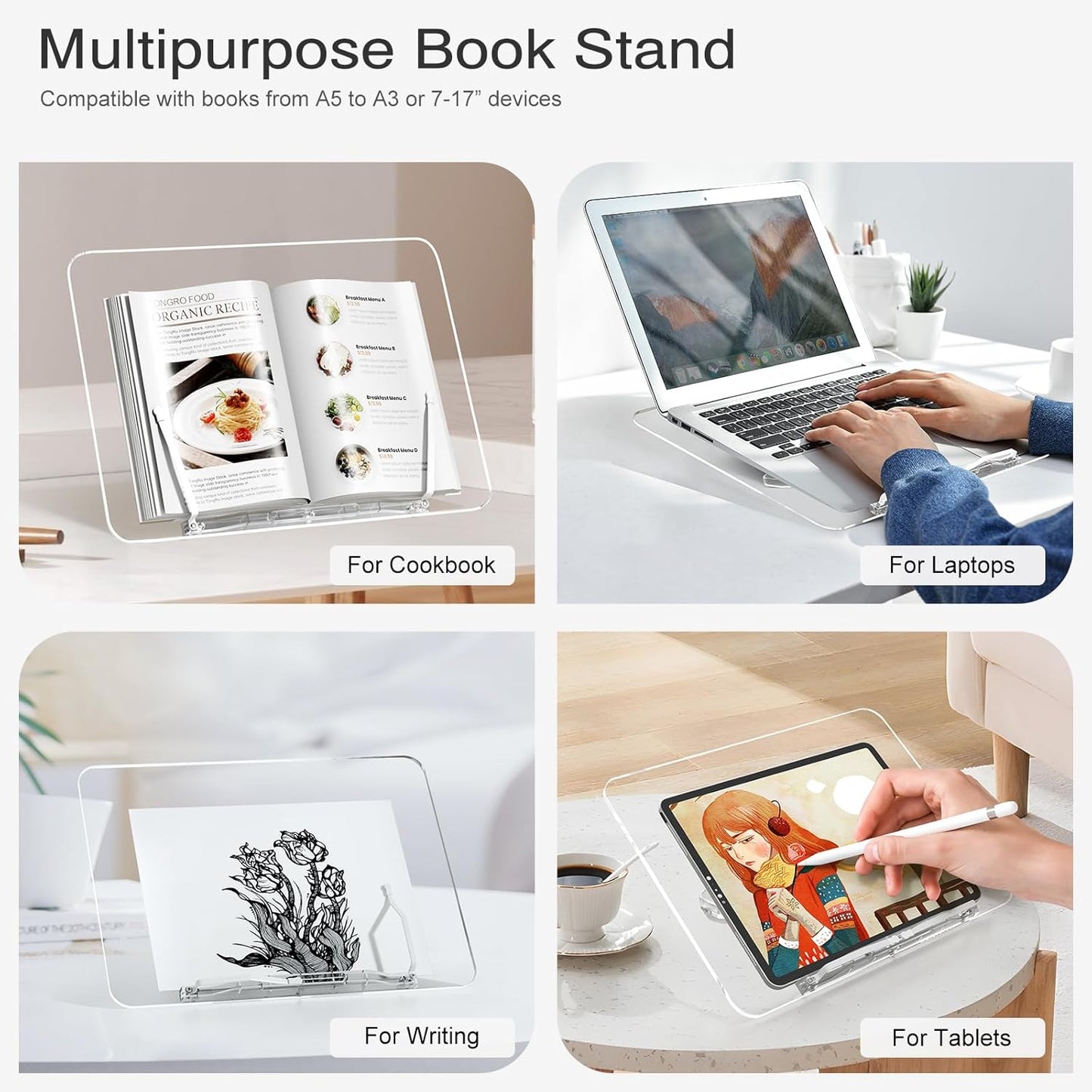 Acrylic Book Stand for Reading, Portable Book Holder for Desk, Angle Adjustable Textbook Stand for Document Recipe, Cookbook, Music Book