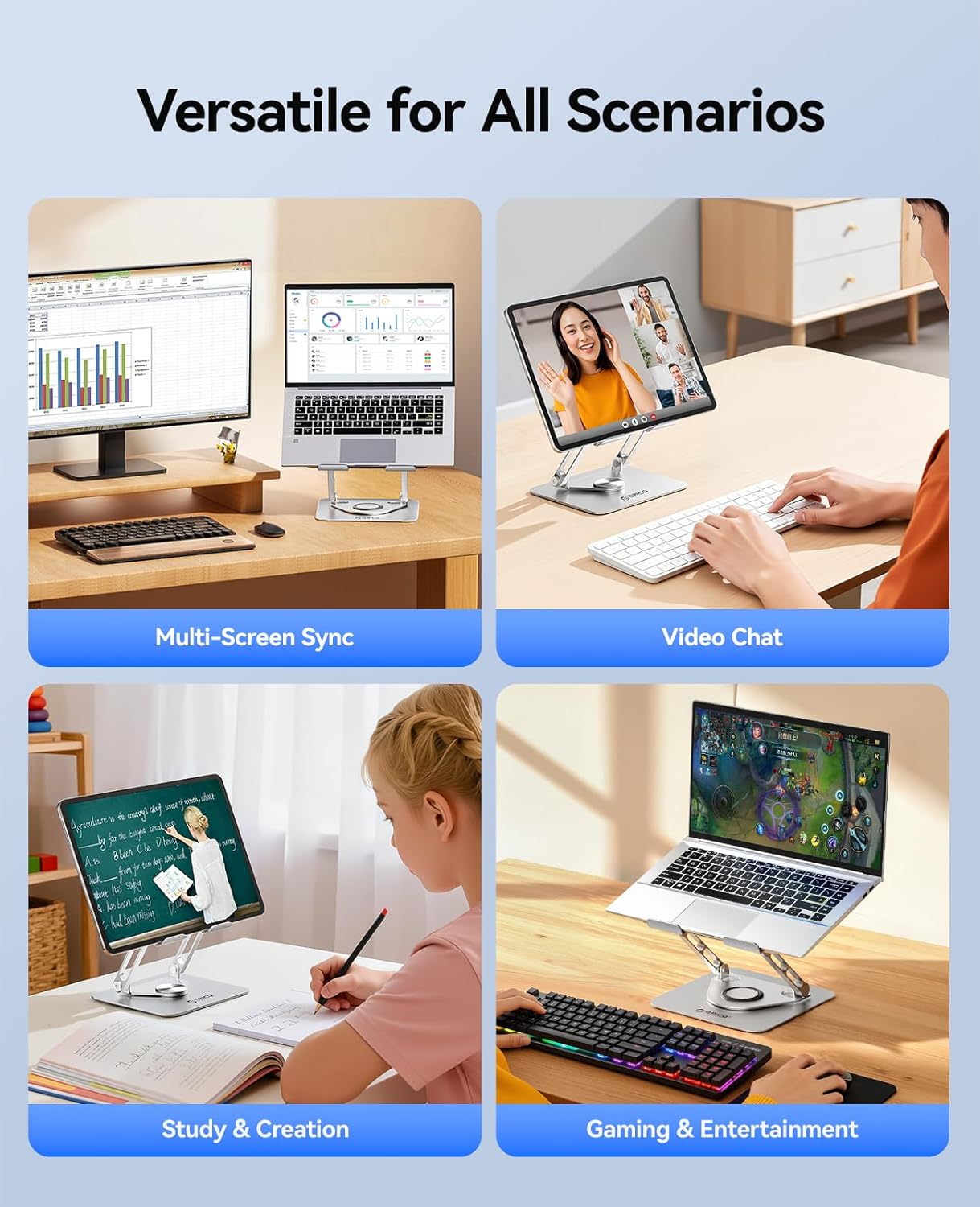 ORICO Adjustable Laptop Stand for Desk, 360° Rotating Base, Foldable Aluminum Alloy Computer Stand with Ventilated Design, Compatible with MacBook Air/Pro, Dell, XPS, HP up to 17'' - ST12, Silver