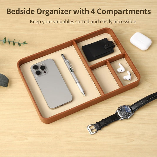 Caramel Leather Valet Tray for Men, Vegan Catchall Organizer - Nightstand & Bedside Caddy with 4 Compartments, 11.81"x7.87" Desktop Organizer