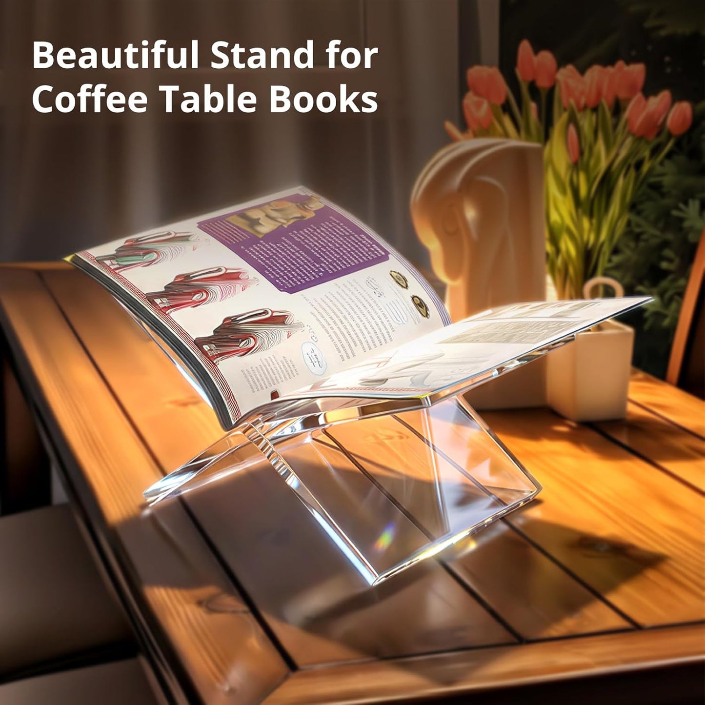 Acrylic Desktop Book Stand, Clear Angled Book Holder Display for Cookbooks, Magazines & Art Books, 12×7×5 in Slim Transparent Reading Stand for Desk & Coffee Table