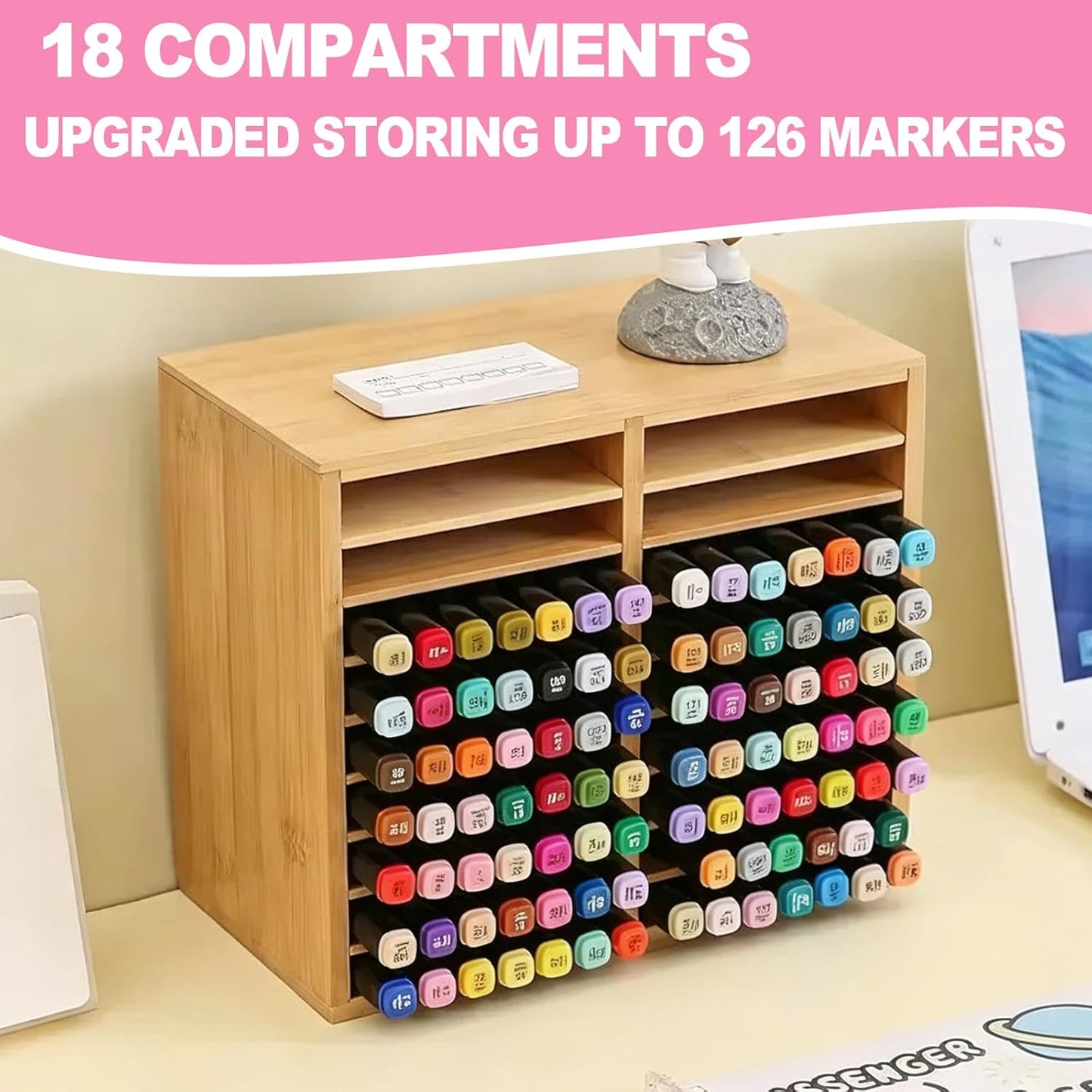 126 Bamboo Marker Organizer, Desktop Storage Hold 126 Markers, 18 Compartments Marker Storage for Home, Classroom, Office, Pen Pencil Holder Desk Art Supply Organizer