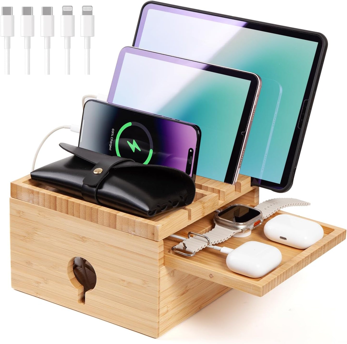 Bamboo Charging Station for Multiple Devices, Nightstand Docking Station with Small Tray, Desktop Wood Charger Organizer, Compatible with Cell Phone, Tablet, Earphones (No USB Charger and Cables)
