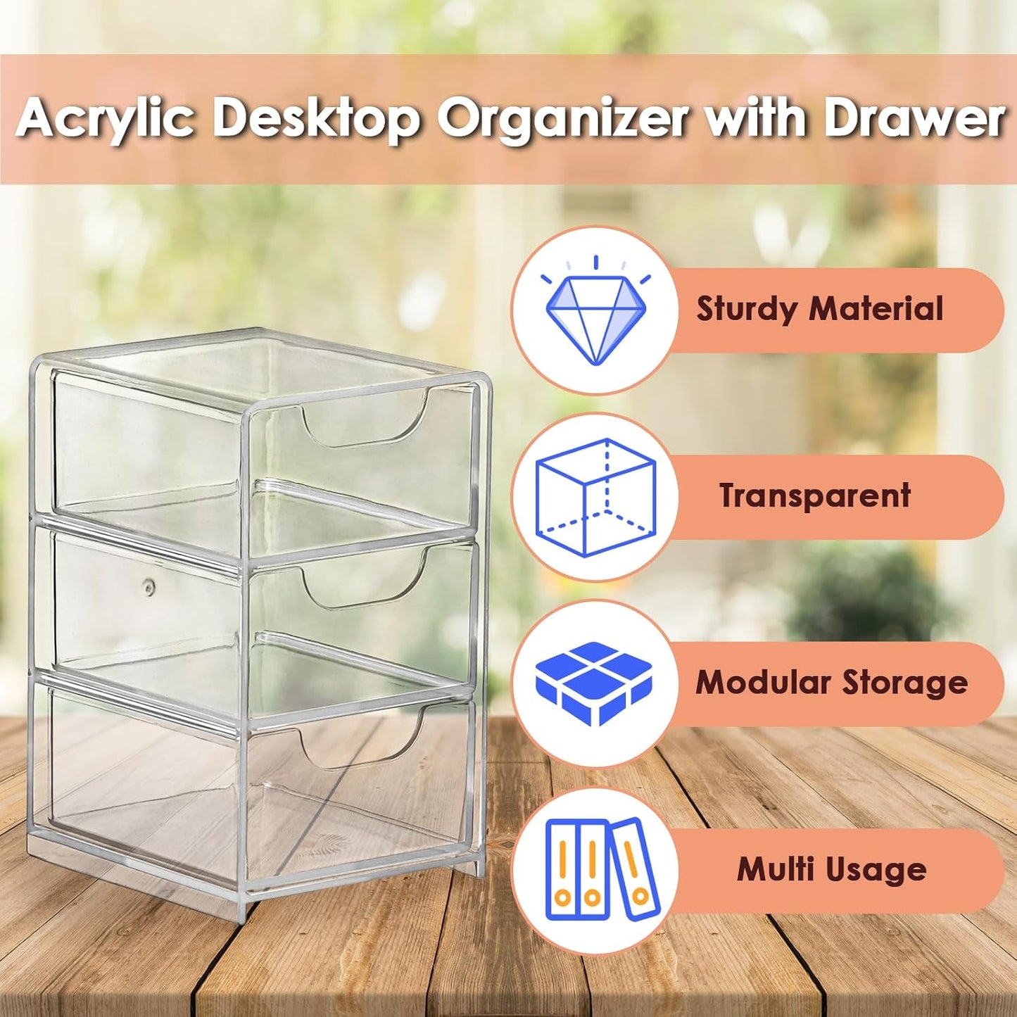BTSKY 1 Pack Small Acrylic Storage Organizer with Drawers, 3-Layer Clear Desktop Organizer for Office Supplies Mini Storage Box with Drawers for Desk, Desktop Makeup Drawer Jewelry Storage Box