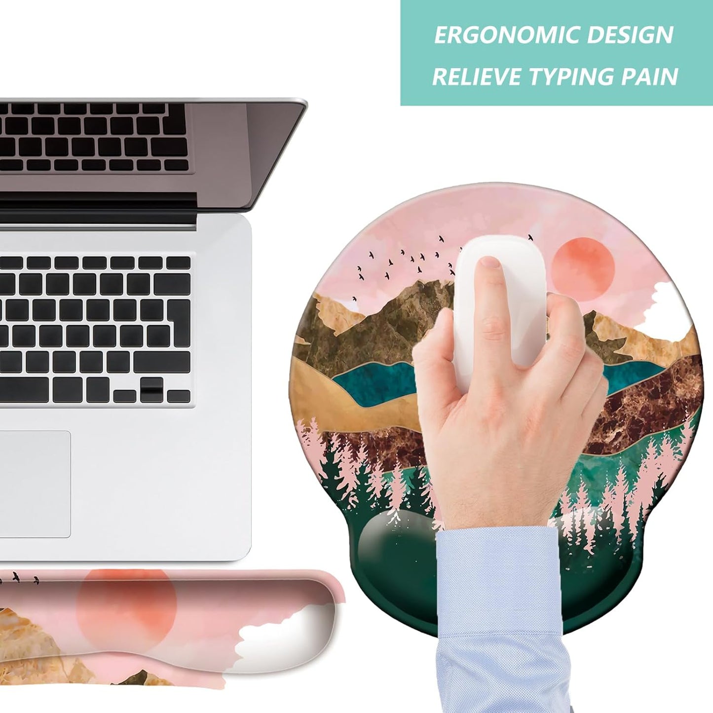 Keyboard Wrist Rest Pad Mouse Pad with Wrist Support Set of 3, Mousepad with Non-Slip Rubber Base, Ergonomic Memory Foam Mouse Wrist Cushion Support for Home Office Laptop Computer, Flower Black