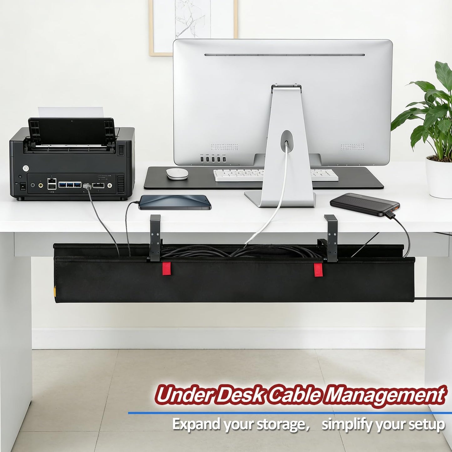 Under Desk Cable Management Tray, 36" Cord Organizer for Table, Clamp/Screw Mount Desk Cable Management, Premium Fabric Cable Management Tray for Office, Home