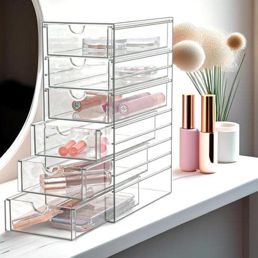 Clear Drawer Organizer, Transparent Plastic Storage Drawers, Hair Accessaries Organizer Case Display Stand, Acrylic Organizers for Organizing Eyeglass, Hair Ties, Accessories (Large - 6-Drawer)