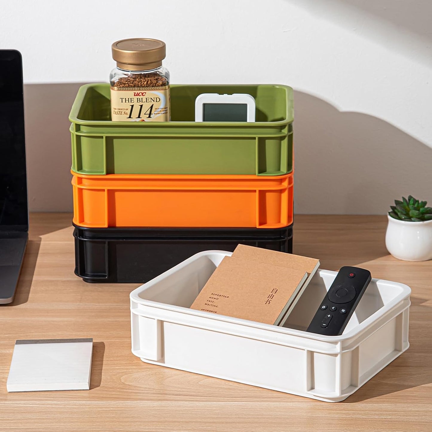 Stackable Organizer Boxes - Create Your Perfect Modular Desktop Storage System Office Desk Organizer Set15.8''*11''*3.26'' (Beige, 6Large)
